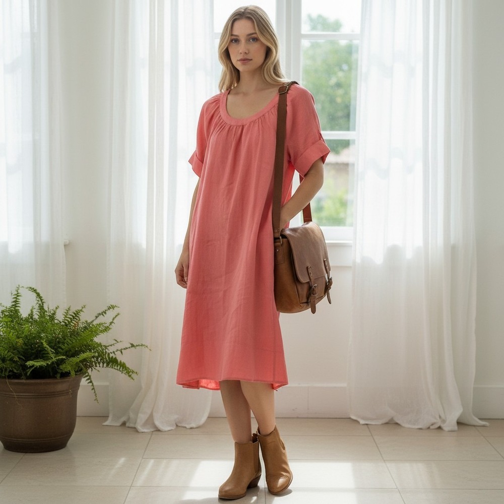 0039 Italy Coral Pink 100% Linen Shift Dress Short Sleeve Pockets XL Portugal